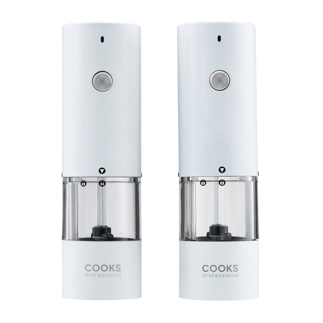 Cooks Professional Rechargeable Salt and Pepper Mill Set with Bamboo Base | White