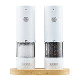 Cooks Professional Rechargeable Salt and Pepper Mill Set with Bamboo Base | White