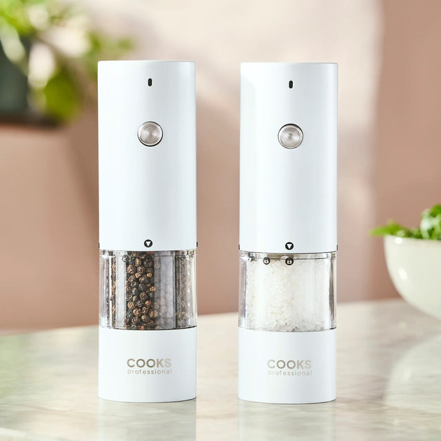 Cooks Professional Rechargeable Salt and Pepper Mill Set with Bamboo Base | White