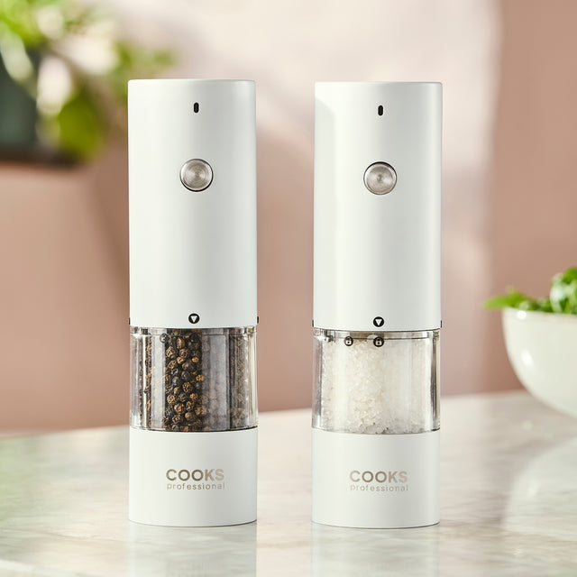 Cooks Professional Rechargeable Salt and Pepper Mill Set with Bamboo Base | White