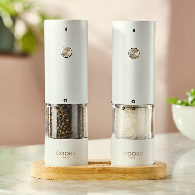 Cooks Professional Rechargeable Salt and Pepper Mill Set with Bamboo Base | White
