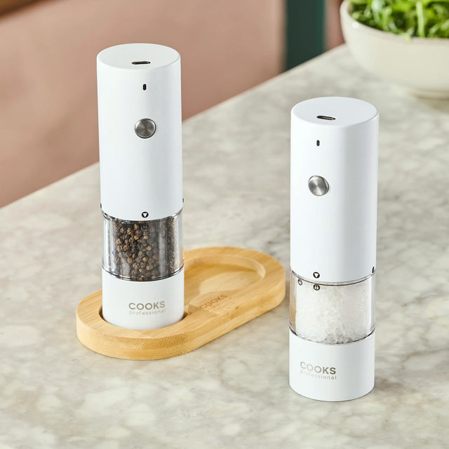 Cooks Professional Rechargeable Salt and Pepper Mill Set with Bamboo Base | White