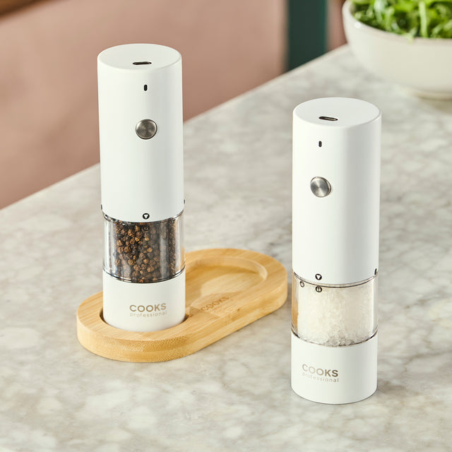 Cooks Professional Rechargeable Salt and Pepper Mill Set with Bamboo Base | White
