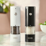 Cooks Professional Rechargeable Salt and Pepper Mill Set with Bamboo Base | Black and White