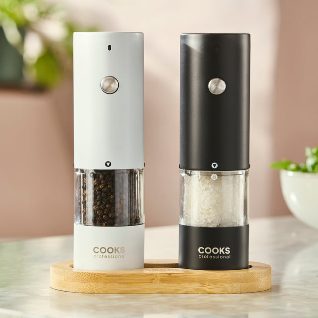 Cooks Professional Rechargeable Salt and Pepper Mill Set with Bamboo Base | Black and White