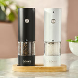 Cooks Professional Rechargeable Salt and Pepper Mill Set with Bamboo Base | Black and White