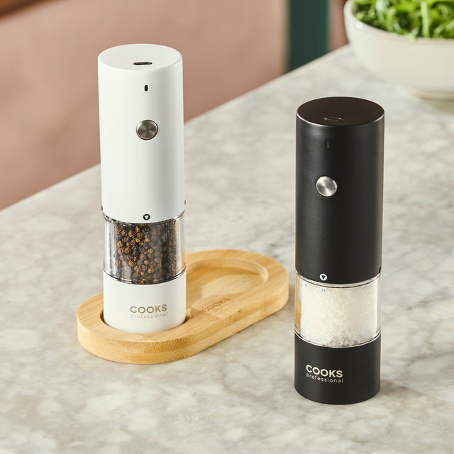 Cooks Professional Rechargeable Salt and Pepper Mill Set with Bamboo Base | Black and White