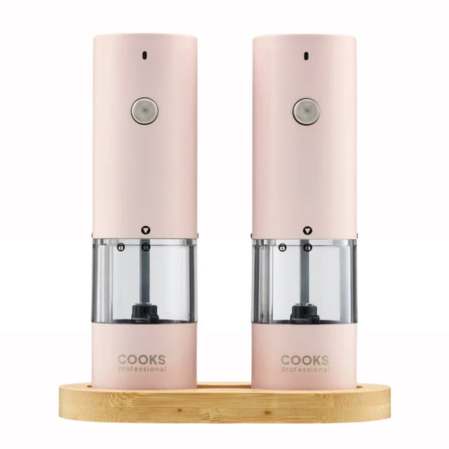 Cooks Professional Rechargeable Salt and Pepper Mill Set with Bamboo Base | Pink