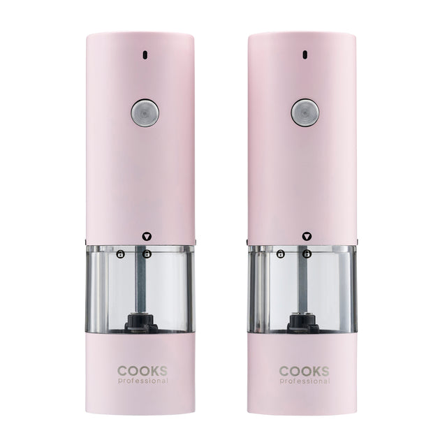 Cooks Professional Rechargeable Salt and Pepper Mill Set with Bamboo Base | Pink