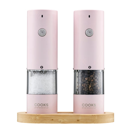 Cooks Professional Rechargeable Salt and Pepper Mill Set with Bamboo Base | Pink