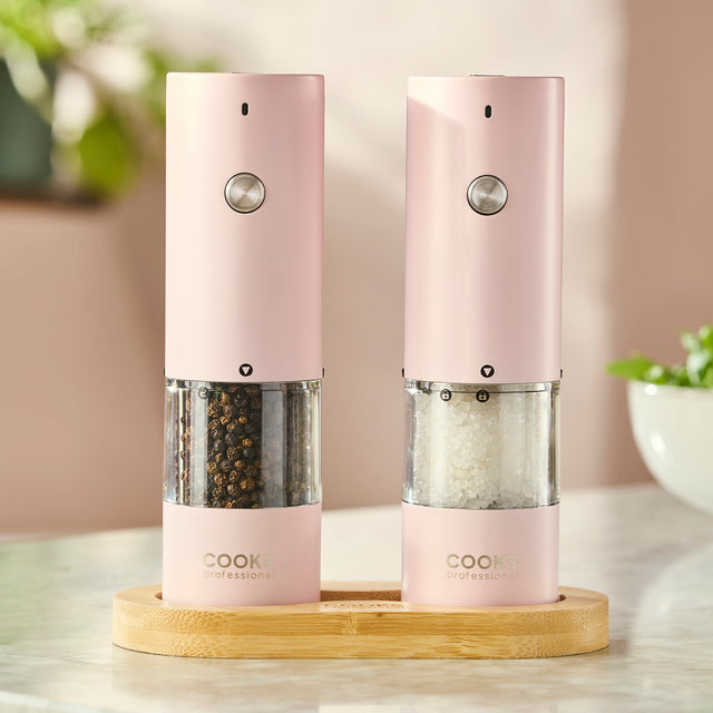Cooks Professional Rechargeable Salt and Pepper Mill Set with Bamboo Base | Pink