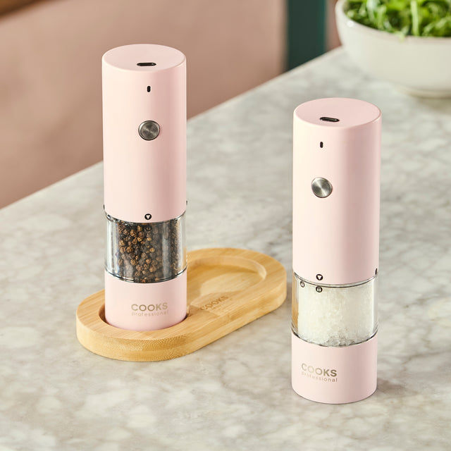Cooks Professional Rechargeable Salt and Pepper Mill Set with Bamboo Base | Pink