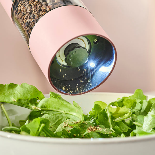 Cooks Professional Rechargeable Salt and Pepper Mill Set with Bamboo Base | Pink