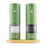 Cooks Professional Rechargeable Salt and Pepper Mill Set with Bamboo Base | Green