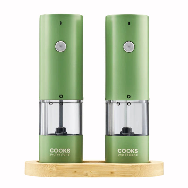 Cooks Professional Rechargeable Salt and Pepper Mill Set with Bamboo Base | Green