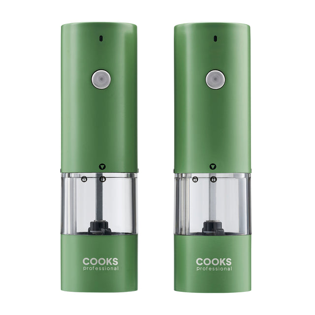Cooks Professional Rechargeable Salt and Pepper Mill Set with Bamboo Base | Green