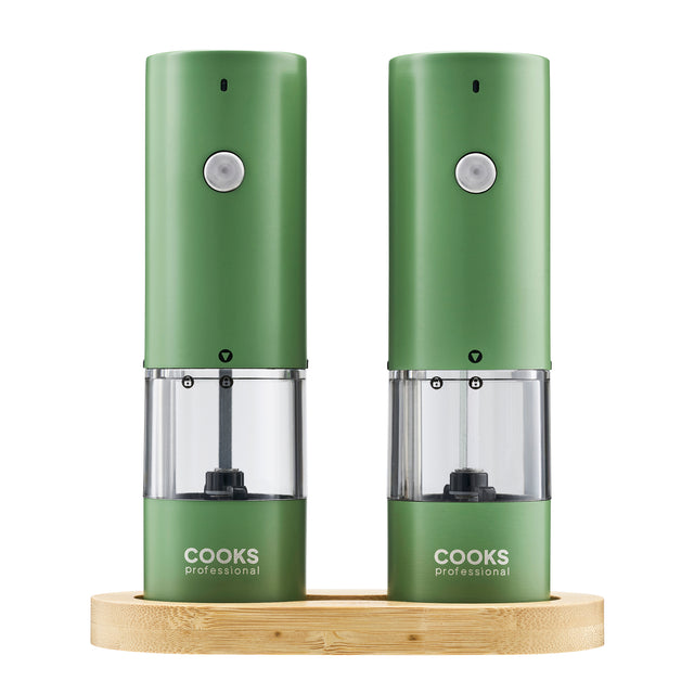 Cooks Professional Rechargeable Salt and Pepper Mill Set with Bamboo Base | Green