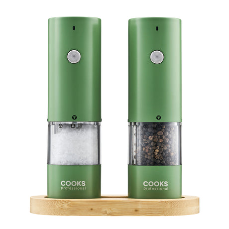 Cooks Professional Rechargeable Salt and Pepper Mill Set with Bamboo Base | Green