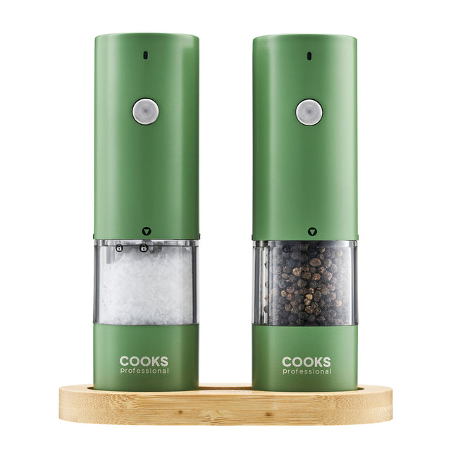 Cooks Professional Rechargeable Salt and Pepper Mill Set with Bamboo Base | Green