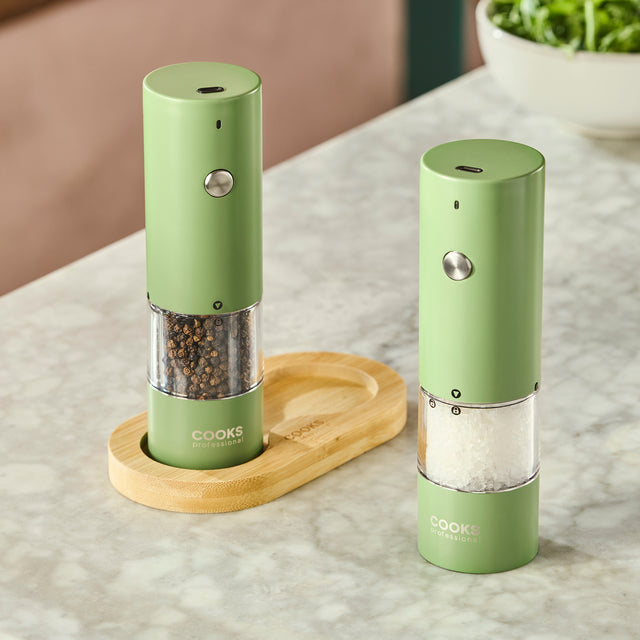 Cooks Professional Rechargeable Salt and Pepper Mill Set with Bamboo Base | Green