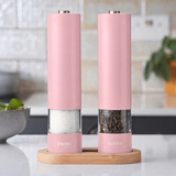 Cooks Professional Electric Salt and Pepper Mill Set with Bamboo Base | Pink