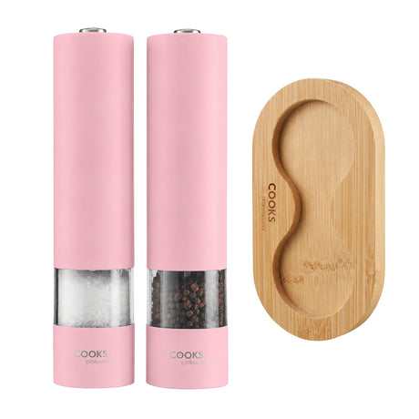 Cooks Professional Electric Salt and Pepper Mill Set with Bamboo Base | Pink