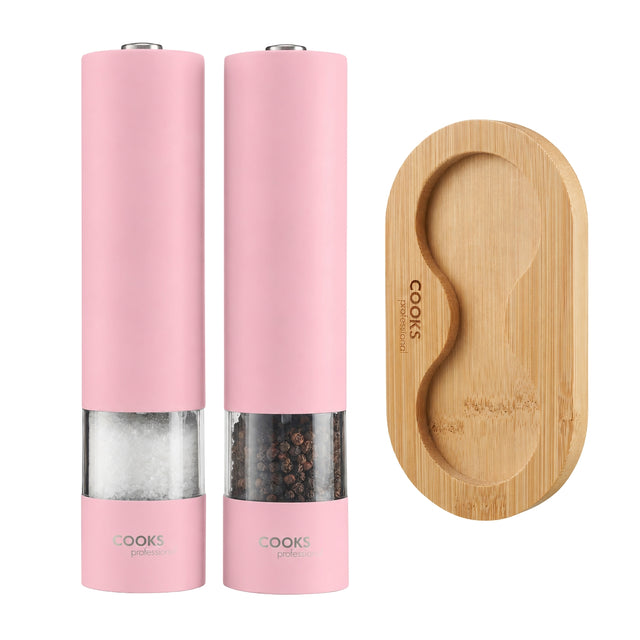 Cooks Professional Electric Salt and Pepper Mill Set with Bamboo Base | Pink