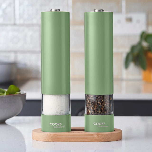 Cooks Professional Electric Salt and Pepper Mill Set with Bamboo Base | Green