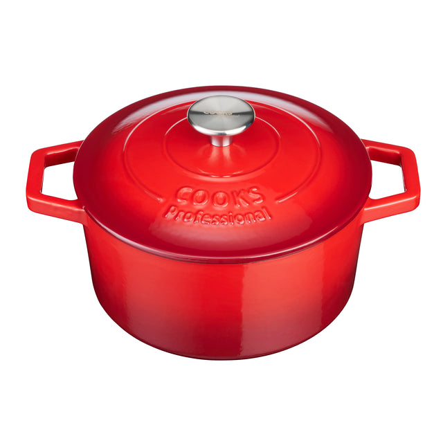 Cooks Professional Cast Iron Casserole 20cm | 2.8L Capacity | Enamelled Inside and Out | Graduated Red