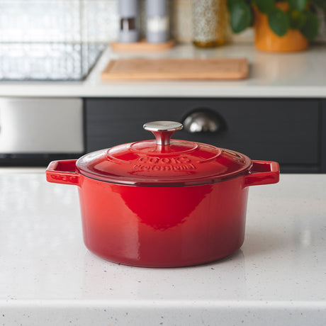 Cooks Professional Cast Iron Casserole Set of 2 | 20cm and 26cm | Enamelled Inside and Out | Graduated Red