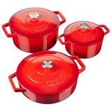 Cooks Professional Set of 3 Cast Iron Casserole | 20cm, 26cm and 28cm | Graduated Red