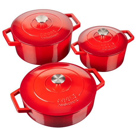 Cooks Professional Cast Iron Casserole Set of 3 | 20cm, 26cm and 28cm | Enamelled Inside and Out | Graduated Red