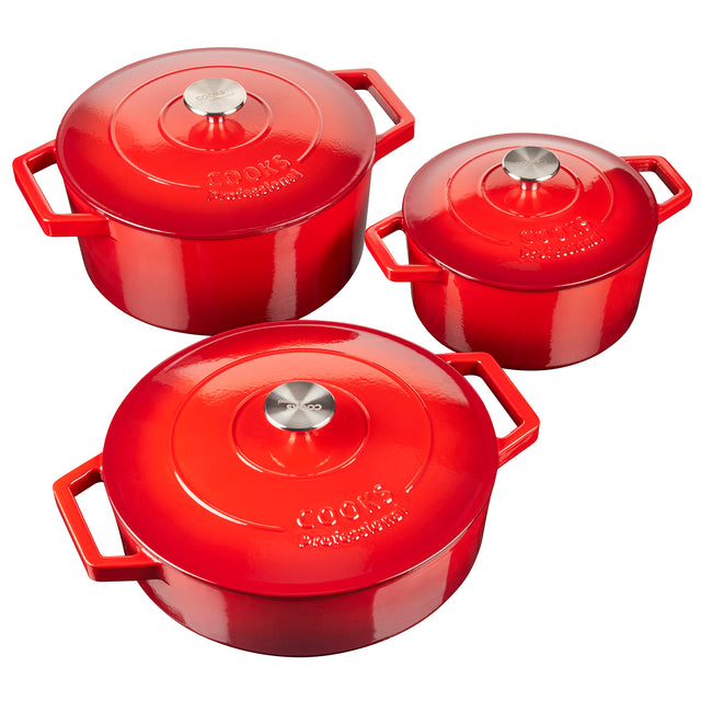 Cooks Professional Set of 3 Cast Iron Casserole | 20cm, 26cm and 28cm | Graduated Red