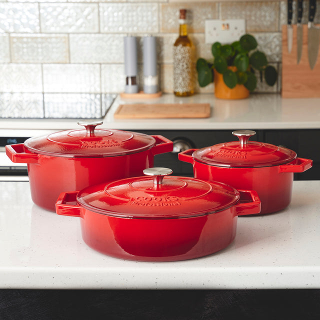 Cooks Professional Cast Iron Casserole 20cm | 2.8L Capacity | Enamelled Inside and Out | Graduated Red
