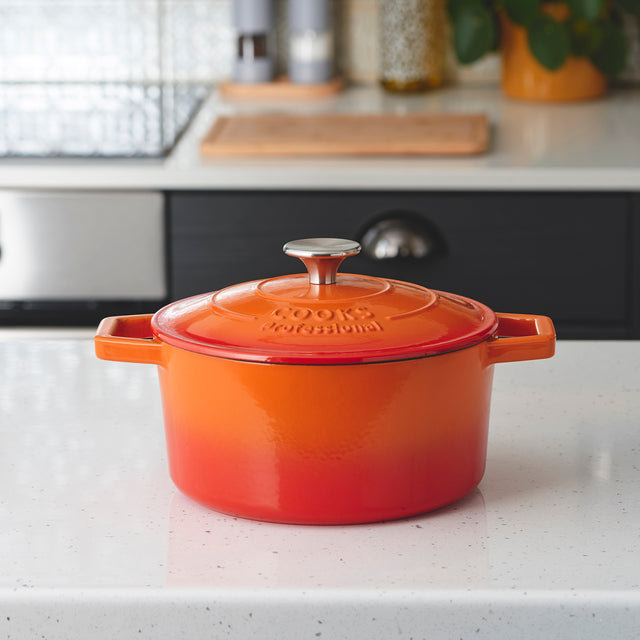 Cooks Professional Cast Iron Casserole Set of 3 | 20cm, 26cm and 28cm | Enamelled Inside and Out | Graduated Orange