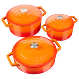 Cooks Professional Cast Iron Casserole Set of 3 | 20cm, 26cm and 28cm | Enamelled Inside and Out | Graduated Orange