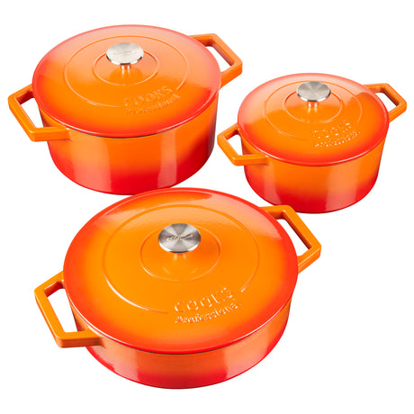 Cooks Professional Cast Iron Casserole Set of 3 | 20cm, 26cm and 28cm | Enamelled Inside and Out | Graduated Orange
