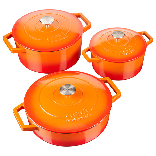 Cooks Professional Cast Iron Casserole Set of 3 | 20cm, 26cm and 28cm | Enamelled Inside and Out | Graduated Orange