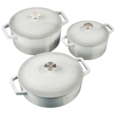 Cooks Professional Cast Iron Casserole Set of 3 | 20cm, 26cm and 28cm | Enamelled Inside and Out | Graduated Grey