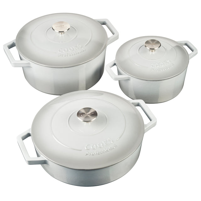 Cooks Professional Cast Iron Casserole Set of 3 | 20cm, 26cm and 28cm | Enamelled Inside and Out | Graduated Grey