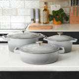 Cooks Professional Cast Iron Casserole Set of 3 | 20cm, 26cm and 28cm | Enamelled Inside and Out | Graduated Grey