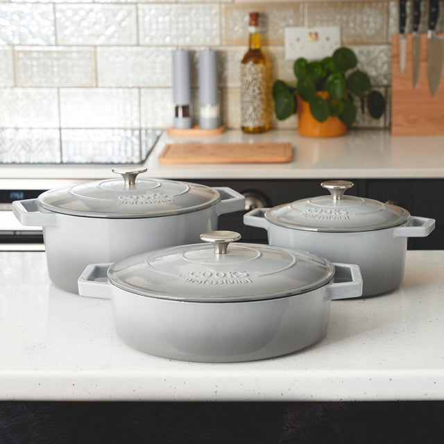 Cooks Professional Cast Iron Casserole Set of 3 | 20cm, 26cm and 28cm | Enamelled Inside and Out | Graduated Grey