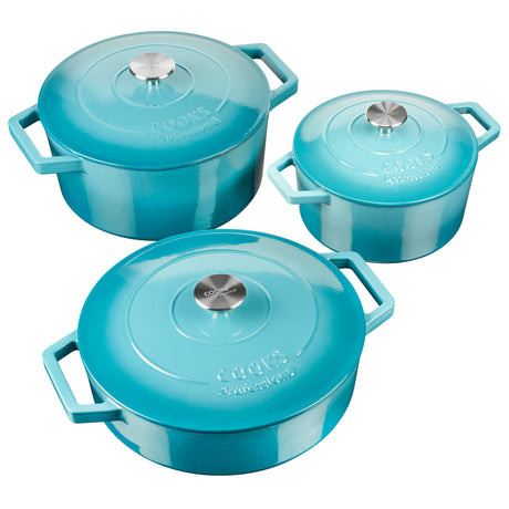 Cooks Professional Cast Iron Casserole Set of 3 | 20cm, 26cm and 28cm | Enamelled Inside and Out | Graduated Teal