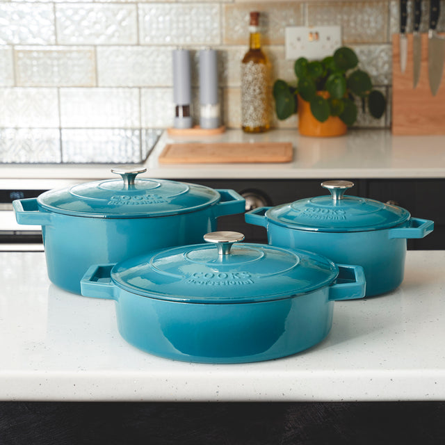 Cooks Professional Set of 3 Cast Iron Casserole | 20cm, 26cm and 28cm | Graduated Teal