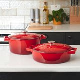 Cooks Professional Cast Iron Casserole Set of 2 | 26cm and 28cm | Enamelled Inside and Out | Graduated Red