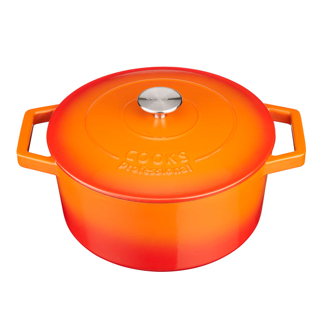 Cooks Professional Cast Iron Casserole 26cm | 5.8L Capacity | Enamelled Inside and Out | Graduated Orange