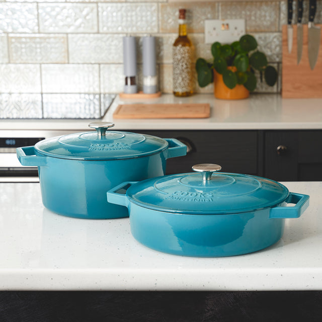 Cooks Professional Cast Iron Casserole Set of 2 | 26cm and 28cm | Enamelled Inside and Out | Graduated Teal