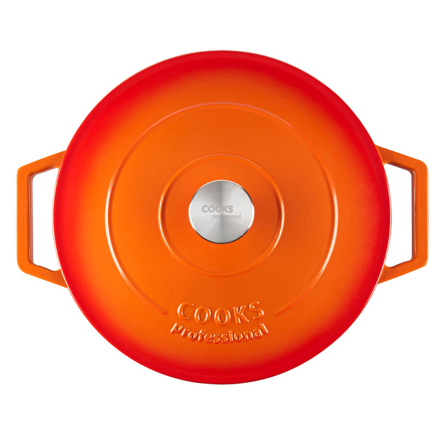 Cooks Professional Cast Iron Casserole Set of 2 | 26cm and 28cm | Enamelled Inside and Out | Graduated Orange
