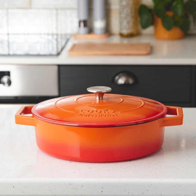 Cooks Professional Cast Iron Casserole Set of 3 | 20cm, 26cm and 28cm | Enamelled Inside and Out | Graduated Orange