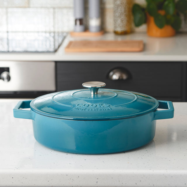 Cooks Professional Cast Iron Casserole 28cm Shallow | 4.3L Capacity | Enamelled Inside and Out | Graduated Teal
